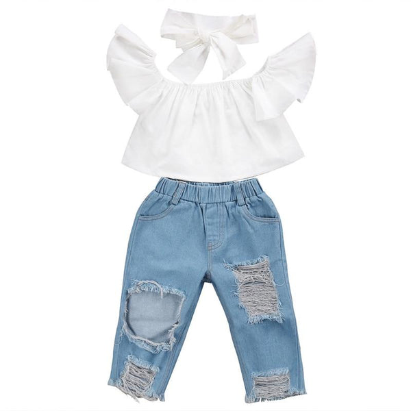 Sophia's Off shoulder Crop Top And Denim Jeans - Peach and