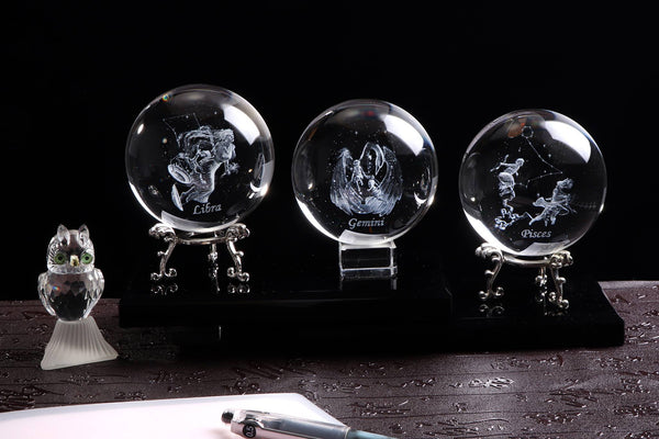 Laser Engraved Zodiac Sign Crystal Ball - Peach and Pumpkins
