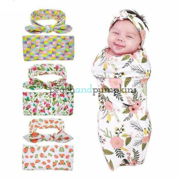 Florally Swaddle + Headband Set - Peach and Pumpkins