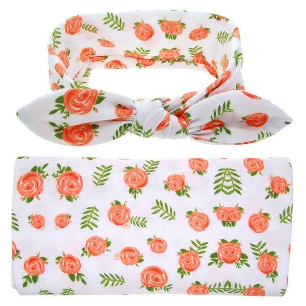 Florally Swaddle + Headband Set - Peach and Pumpkins