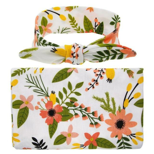 Florally Swaddle + Headband Set - Peach and Pumpkins
