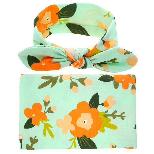 Florally Swaddle + Headband Set - Peach and Pumpkins