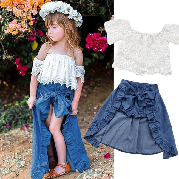 Mia's Off Shoulder and Denim Skirt Set - Peach and Pumpkins