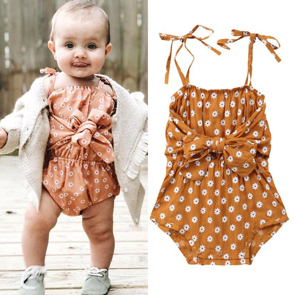 Strap Bowknot Floral Sunsuit - Peach and Pumpkins