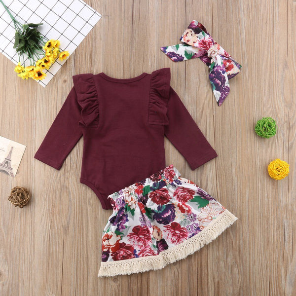 Ruffles Romper + Floral Skirt Set - Peach and Pumpkins