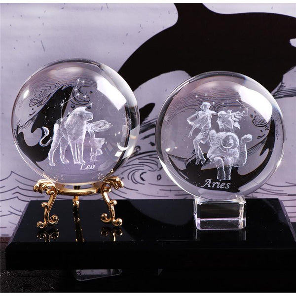 Laser Engraved Zodiac Sign Crystal Ball - Peach and Pumpkins